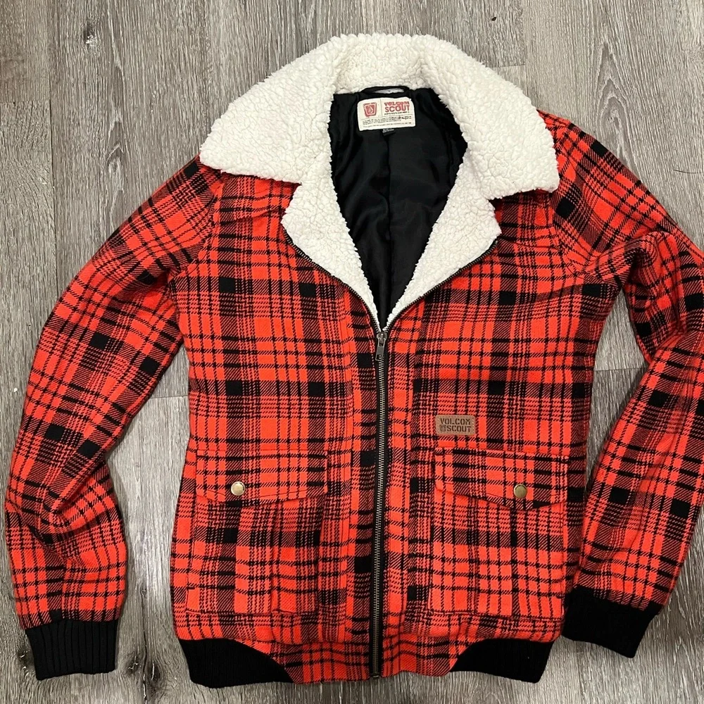 Volcom Red and Black Plaid Jacket with White Collar - Picture 1 of 16